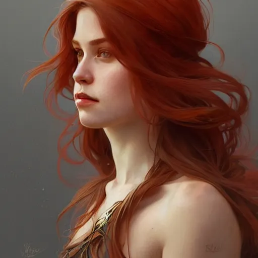 Image similar to A full portrait of Nordic female, 30 years old, brown red long hair, intricate, elegant, highly detailed, digital painting, artstation, concept art, smooth, sharp focus, illustration, art by Krenz Cushart and Artem Demura and alphonse mucha