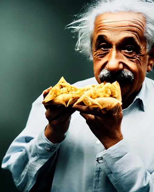 Prompt: A photo of Albert Einstein eating Samosas, highly detailed, trending on artstation, bokeh, 90mm, f/1.4