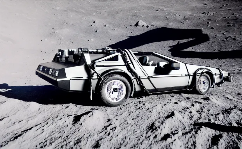 Image similar to a delorean on the moon taken from a super 8 camera, retro, album cover, 8 0 s