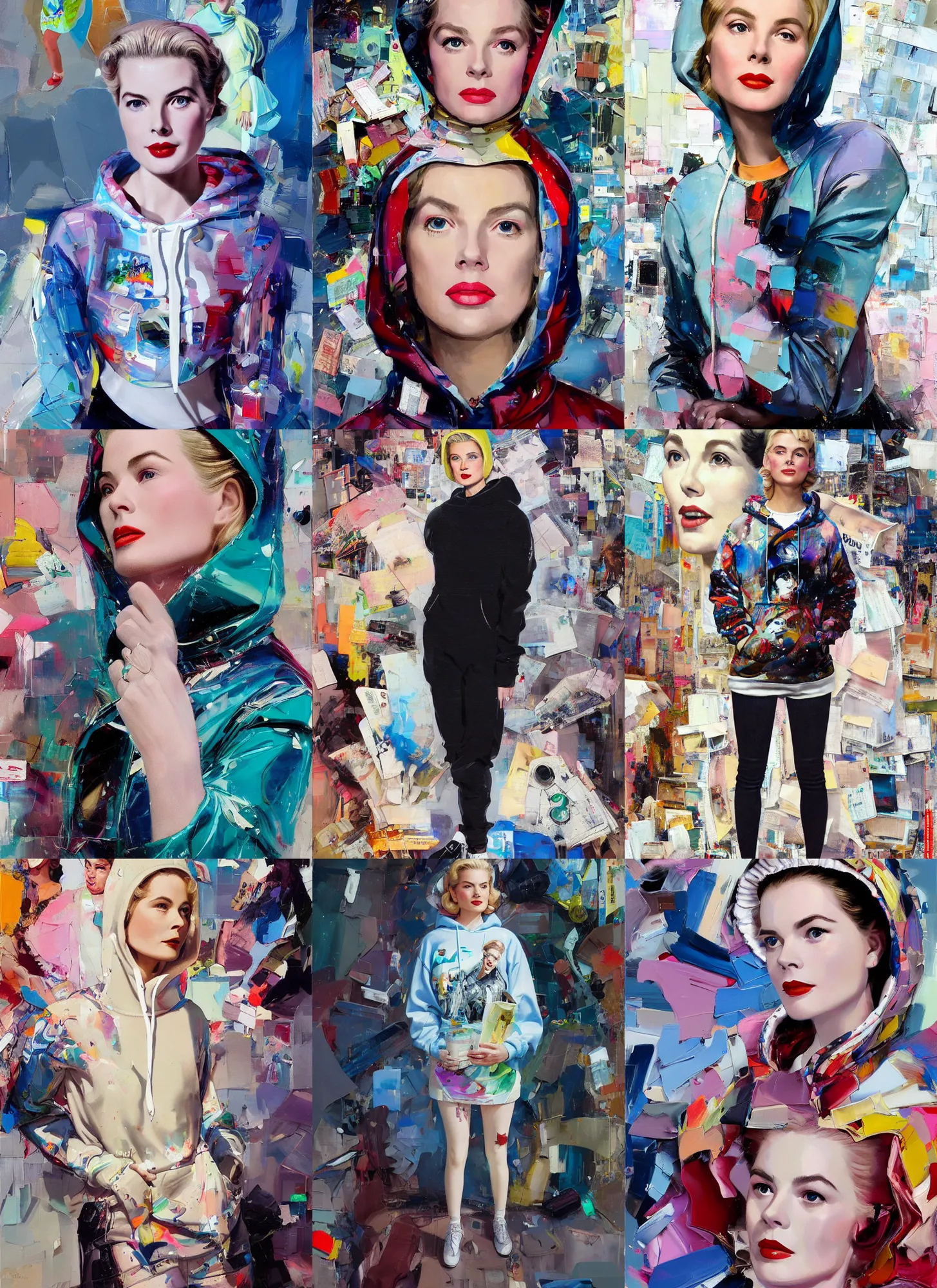 Prompt: 2 5 year old grace kelly in style of martine johanna and donato giancola, wearing hoodie, standing in township street, street fashion outfit,!! haute couture!!, full figure painting by john berkey, david choe, ismail inceoglu, detailed impasto, 2 4 mm, die antwoord music video