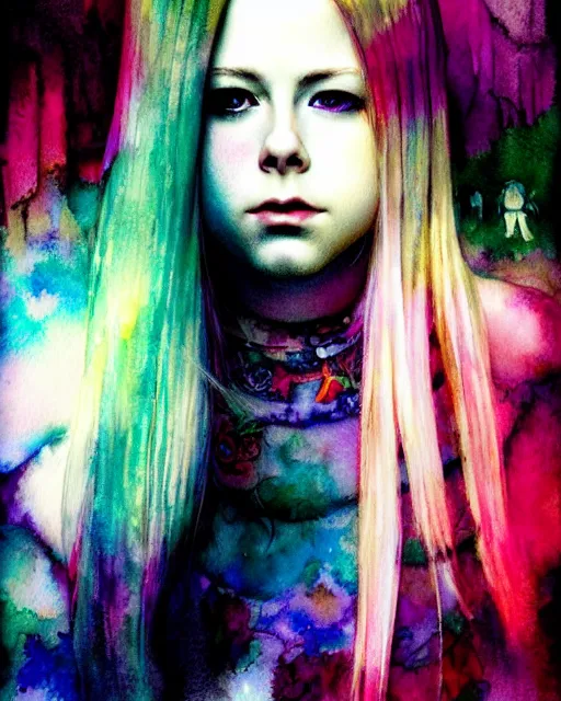 Prompt: avril lavigne portrait. intricate, amazing composition, colorful watercolor, by ruan jia, by maxfield parrish, by marc simonetti, by hikari shimoda, by robert hubert, by zhang kechun, illustration, gloomy, volumetric lighting, fantasy