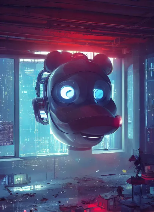 Image similar to people building giant head of a robot mickey mouse inside of abandoned netflix office, cyberpunk, by beeple, dystopia, golden ratio, octane render, redshift, trending on artstation, 8 k