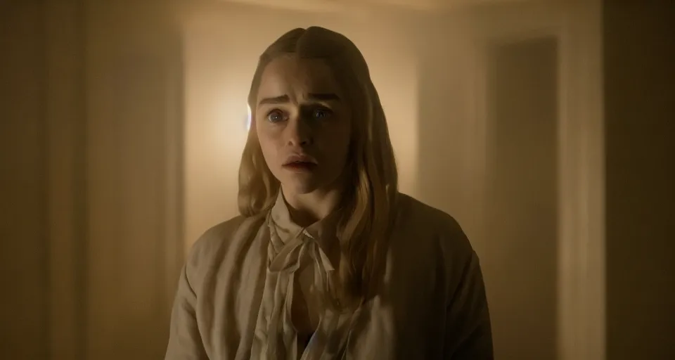 Image similar to Emilia Clarke in Hereditary (2018) high contrast lighting, night scene