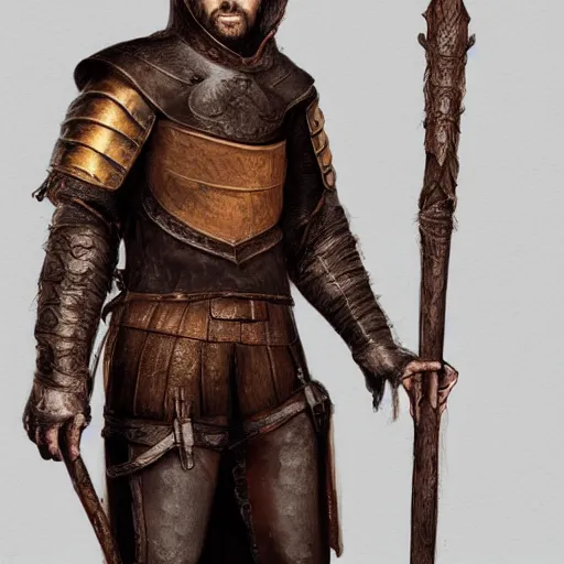 Prompt: realistic portrait, 30 year old man, dark taint :: athletic, medieval leather armour, brown cloth clothes, wooden staff :: high detail, digital art, RPG, concept art, illustration