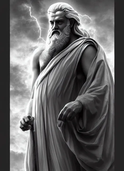 Image similar to zeus god of the sky holding the lightings + older man with a beard + father of all gods and humans + beautiful face and pretty face + intricate complexity, rule of thirds, style by artgerm, dramatic lighting