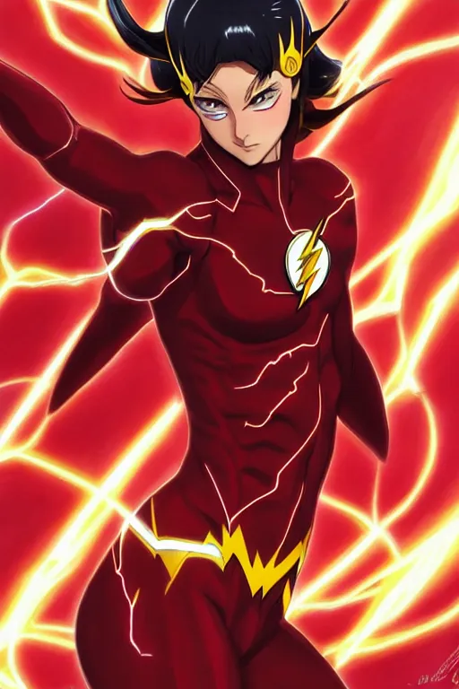 Image similar to anime key visual of a beautiful female the flash!! intricate, red, black, gold suit, powers, speed, lightning hate, dc comics, cinematic, stunning, highly detailed, digital painting, artstation, smooth, hard focus, illustration, art by artgerm and greg rutkowski and alphonse mucha