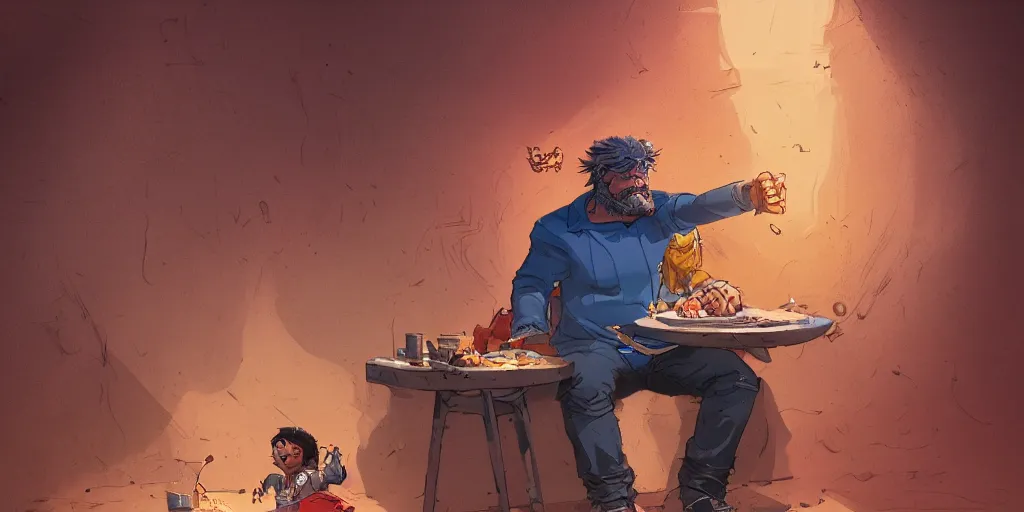 Image similar to cartoonish kurt russel eating dinner, vivid colors, character sheet, fine details, concept design, contrast, kim jung gi, greg rutkowski, trending on artstation, 8 k, full body, turnaround, front view, back view, ultra wide angle