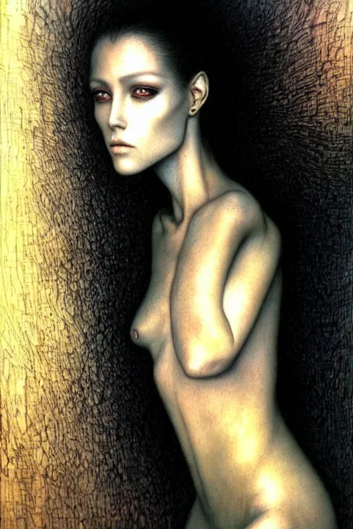 Image similar to portrait of young female, front view, black short hairs, tattoo, fantasy, intricate, jean delville, luis royo, beksinski