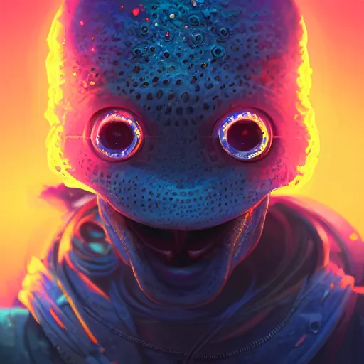 Image similar to close up portrait of a young lizard as a wizard with an epic idea, pixar style, stylized face, intricate detail, digital painting, glowing orange eyes, neon colors, cyberpunk, particles floating, industrial background by wlop, artwork by ross tran and ramond swanland and liam wong and mike winklemann, trending on artstation