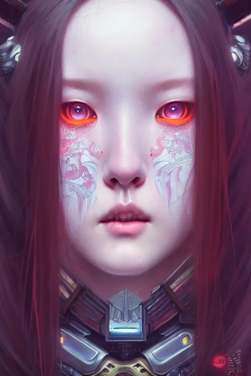 Image similar to portrait painting of olivia hye loona cyberpunk samurai smiling, ultra realistic, concept art, intricate details, eerie, highly detailed, photorealistic, octane render, 8 k, unreal engine. art by artgerm and greg rutkowski and magali villeneuve and alphonse mucha