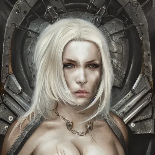 Prompt: portrait of a heavily armored blonde woman, dark fantasy, gloomy atmosphere, trending on artstation, hyper detailed