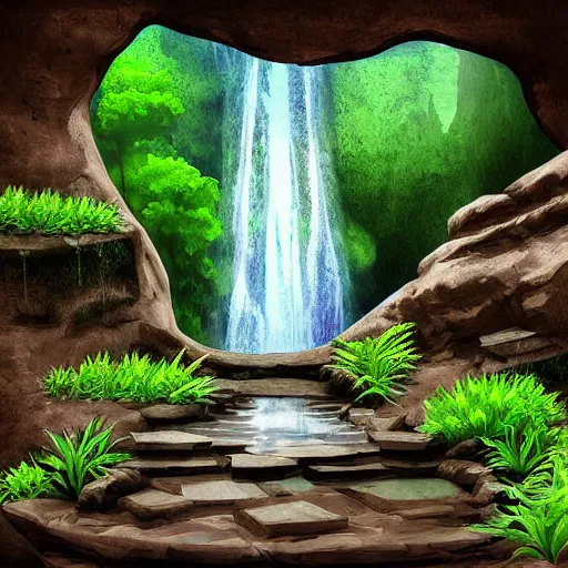 Prompt: ancient temple,plants and waterfalls in the interior of a cave,digital art