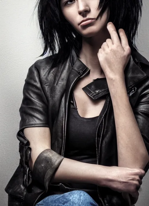 Image similar to an upset woman with black hair and a leather jacket and a grey shirt, sitting on a chair in a run down hotel room, muscular upper body, abs, gritty, intricate, elegant, highly detailed, digital painting, artstation, smooth, sharp focus, illustration, unreal engine 5, face enhance, masterpiece