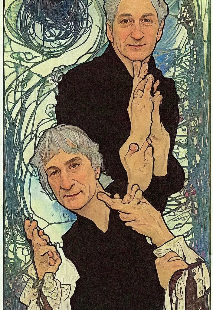 Image similar to realistic white - haired geoffrey hinton on a tarot card, tarot in art style by alphonse mucha