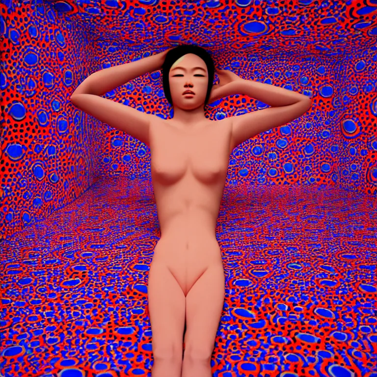 Image similar to realistic detailed image of a japanese model laying in a padded room, 8 k conjuring psychedelic background, part by yayoi kusama, part by alex gray, part by ross tran, part by james jean, ultra realistic, highly detailed, life like face, detailed body, 8 k, octane render, trending on artstation, very cohesive, masterpiece