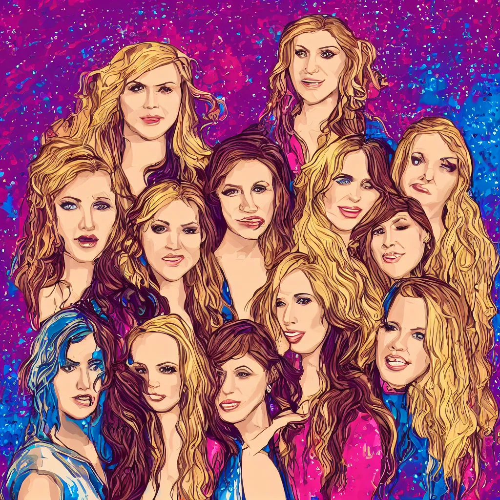 Image similar to illustration of a pop rock music group with two woman singers with blonde hair and one woman singer with brown hair, digital art, shiny soul, consciousness, 4 k