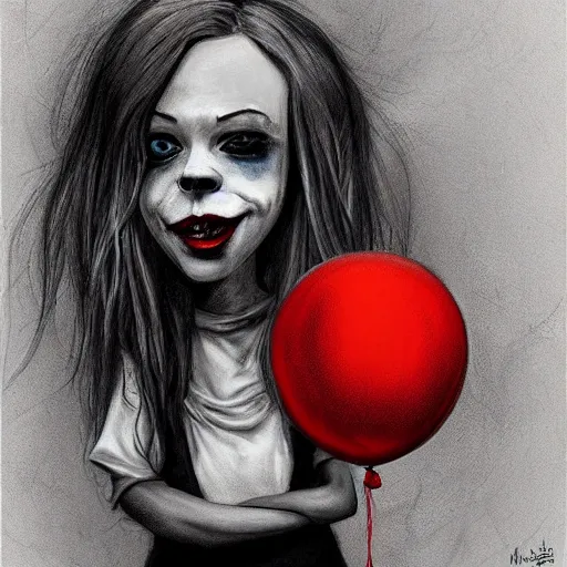 Prompt: surrealism grunge cartoon portrait sketch of billie eilish raven with a wide smile and a red balloon by - michael karcz, loony toons style, pennywise style, horror theme, detailed, elegant, intricate