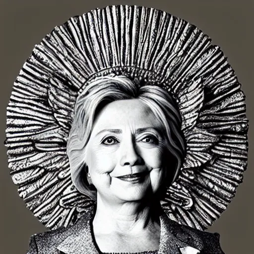 Prompt: hillary clinton is the goddess hera, she is angry, scowling, standing on a thunderhead,