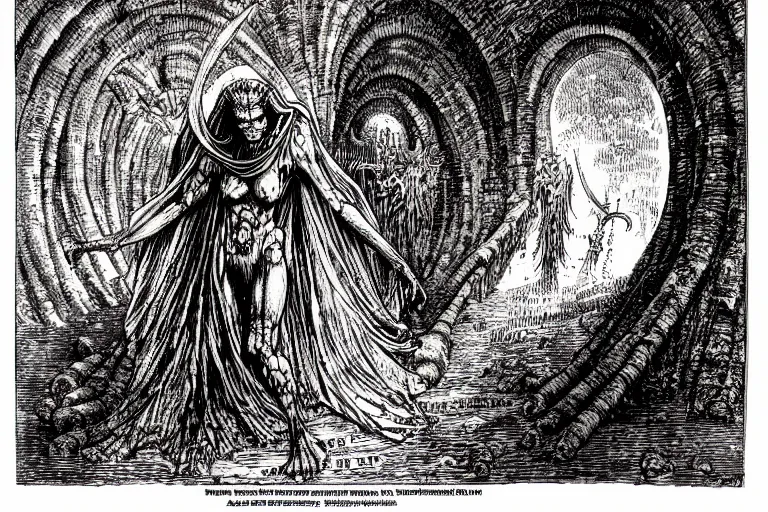 Image similar to fallen angel begs to enter the gates of hell by philippe druillet and gustave dore and les edwards and much a and moebius and hieronymus bosch