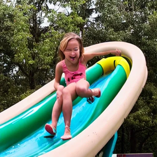 Image similar to a girl finds a snake on a water slide