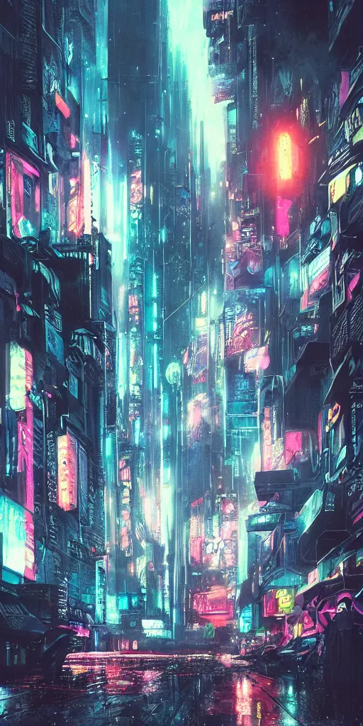 Prompt: hyper realistic cyberpunk cityscape,neon,rain,blade runner, looming surreal sky, stars,moon, 8k,cinematic lighting, detailed oil painting, by tristan eaton,Stanley Artgermm,Tom Bagshaw,Greg Rutkowski,Carne Griffiths,trending on DeviantArt,chillwave,minimalist,cybernetic, android, blade runner,full of colour