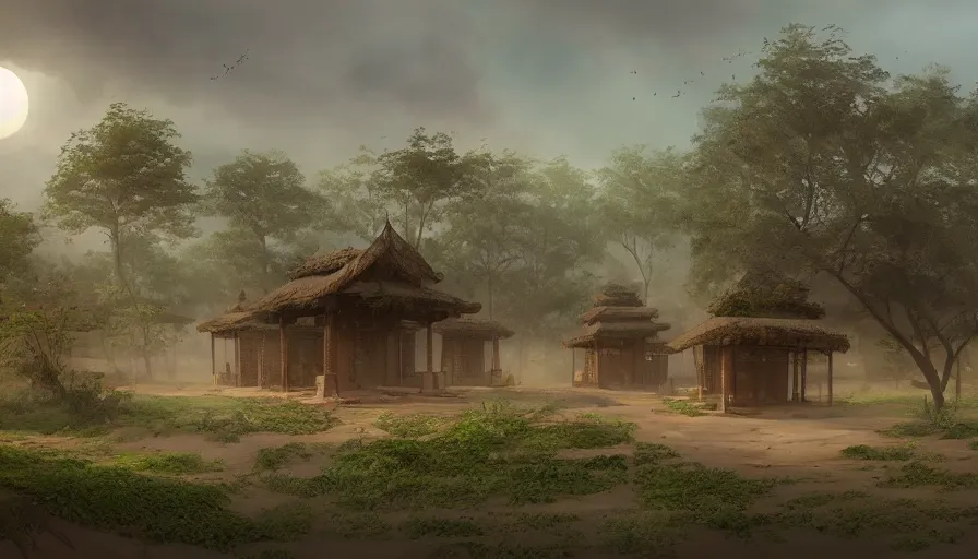 Image similar to matte painting of a beautiful lanna village, digital art, trending on artstation