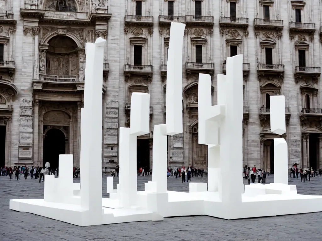 Prompt: huge white plastic sculpture by eduardo chillida on milan duomo square