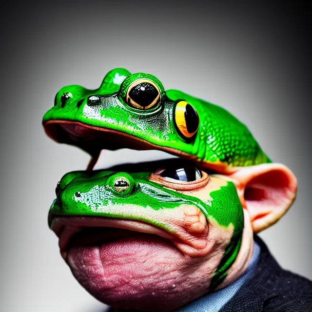 Image similar to man wearing a frog head, highly detailed, 4 k, hdr, smooth, sharp focus, high resolution, award - winning photo, boris valejo, photorealistic