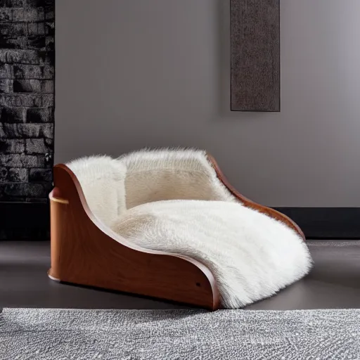 Prompt: wooden luxurious dog bed inspired by mies van der rohe