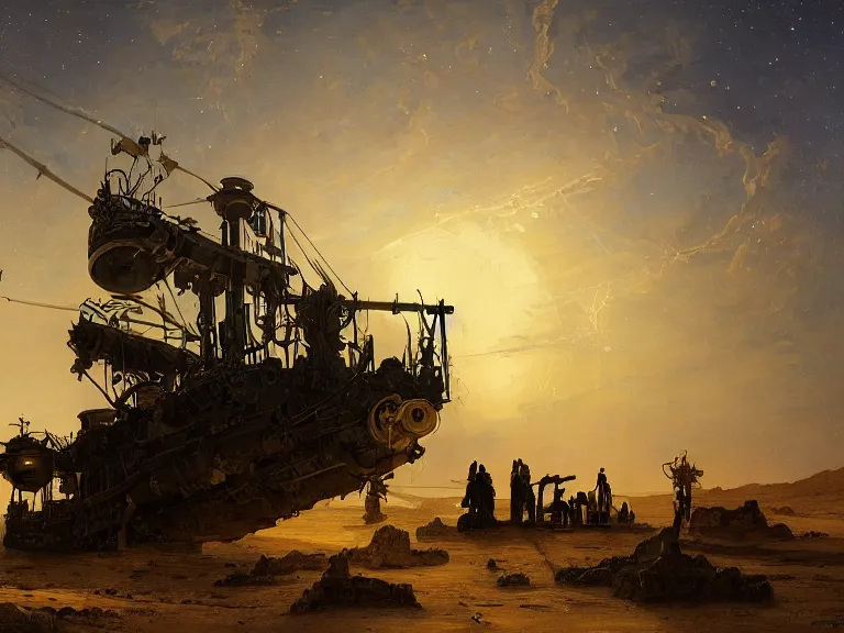 Image similar to an oil painting of an ancient dieselpunk ship in the middle of an alien desert at dusk, aurora and stars light up the sky by carl spitzweg and tuomas korpi. baroque elements, full-length view. baroque element. intricate artwork by caravaggio. Trending on artstation. 8k