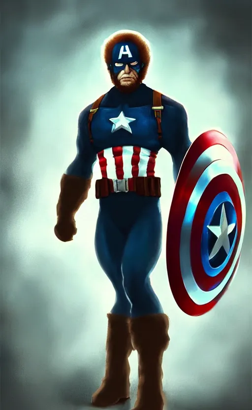 Image similar to bob ross as captain america, dynamic lighting, cinematic, ultra detailed, trending on art station, stunning visuals, creative, fantasy concept art