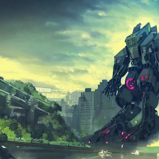 Prompt: a giant mecha fighting Gozilla in Japan, artstation.