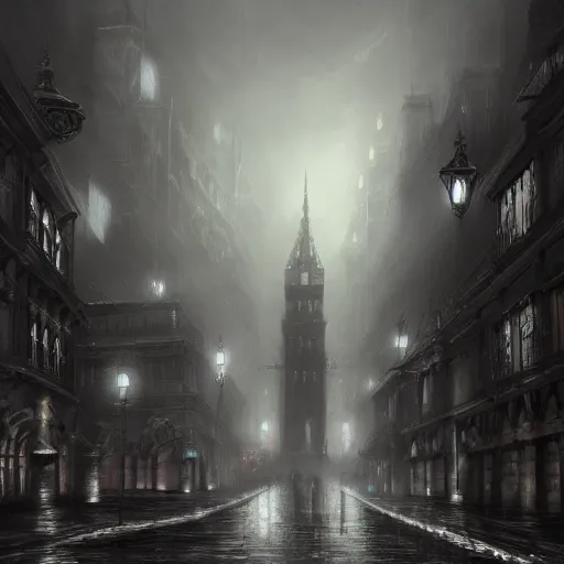 Image similar to victorian city, dark, misty, at night, 8 k, detailed, concept art, trending on artstation