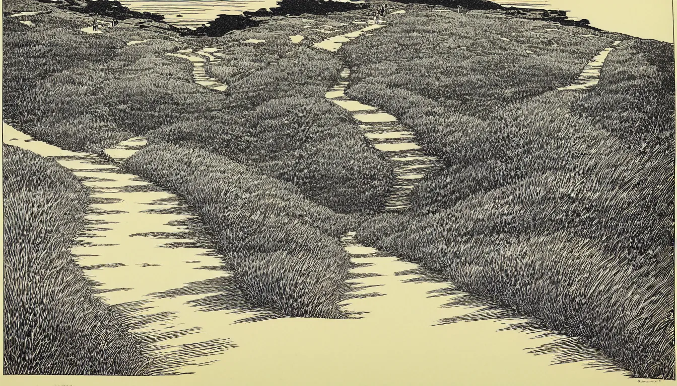 Image similar to path down the hill to the beach by woodblock print, moebius