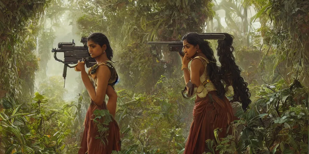 Prompt: one sri lankan girl with a gun, sri lankan abandoned classrom with overgrown greenery, intricate, elegant, highly detailed, digital painting, artstation, concept art, smooth, sharp focus, illustration, art by artgerm and greg rutkowski and alphonse mucha