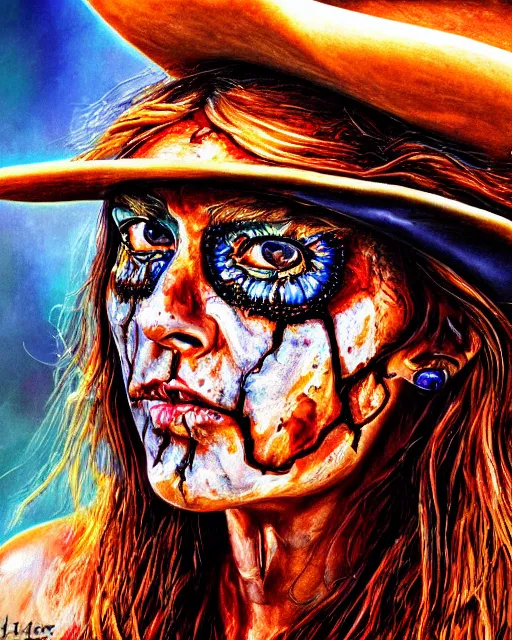 Image similar to acrylic portrait of scarred cowgirl with with burning glowing eyes, high production value, intricate details, high resolution, hdr, high definition, masterpiece, realistic, ultrarealistic, highly detailed, hd, sharp focus, non blurry, sharp, smooth