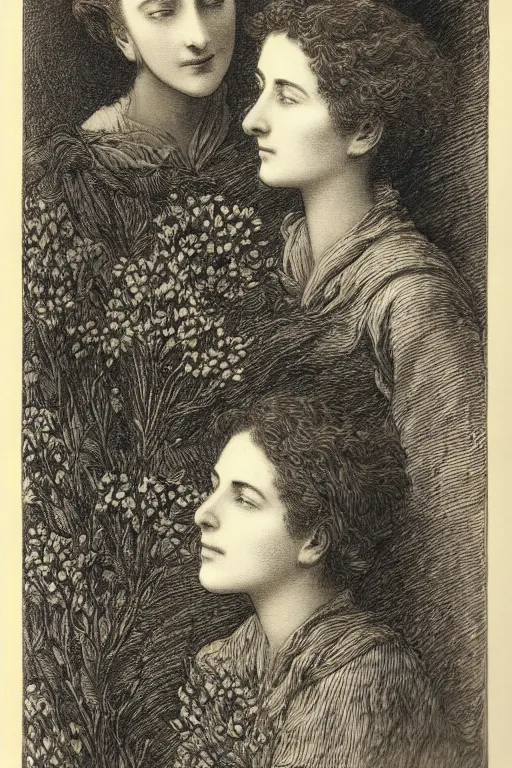 Image similar to black and white, close up portrait of two women in flowers, Gustave Dore lithography