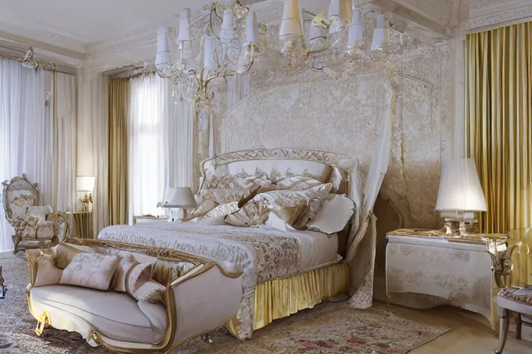 Image similar to A sunny bedroom, exquisite decoration, all Modernized furniture, high tech