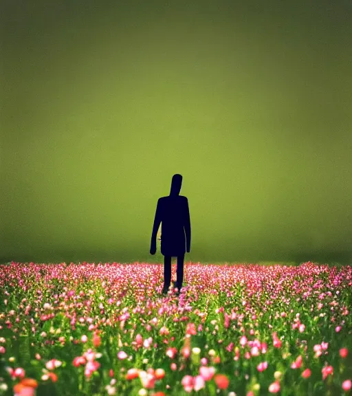 Image similar to tall shadow person figure standing in beautiful meadow of flowers, high quality film photo, grainy, high detail, high resolution