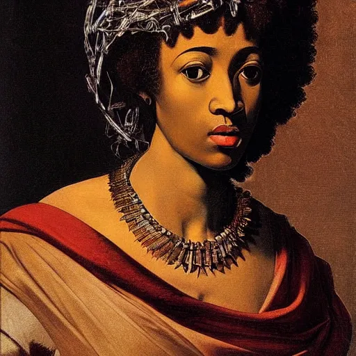 Image similar to portrait afro cleopatra painted by caravaggio