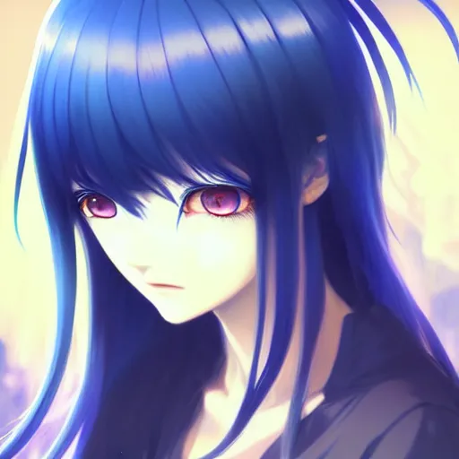 Image similar to attractive long blue - haired girl with bangs gothic anime character with amber eyes, noir, screenshot, anime, sharp focus, intricate, illustration, cell shaded, digital painting, highly detailed, concept art, matte, art by ilya kuvshinov, wlop, and greg rutkowski, studio quality, james jean, artem demura