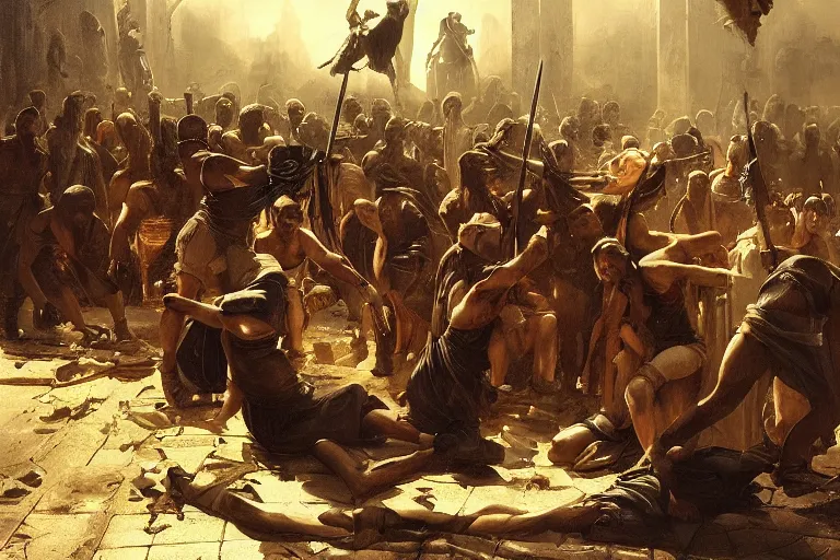 Prompt: Movie scenes of Romans public executions 100 AD, in the style of Greg Rutkowski and Michelangelo and Eugène Delacroix, extremely moody lighting, glowing light and shadow, atmospheric, shadowy, cinematic