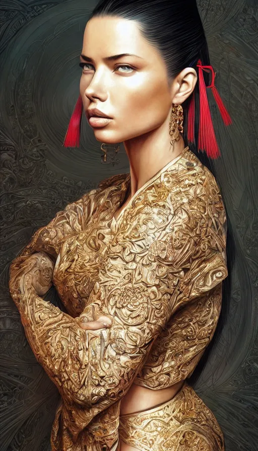 Image similar to adriana lima, traditional chinese clothing, fame of thrones, fibonacci, sweat drops, intricate fashion clothing, insane, intricate, highly detailed, surrealistic, digital painting, artstation, concept art, smooth, sharp focus, illustration, unreal engine 5, 8 k, art by artgerm and greg rutkowski and alphonse mucha