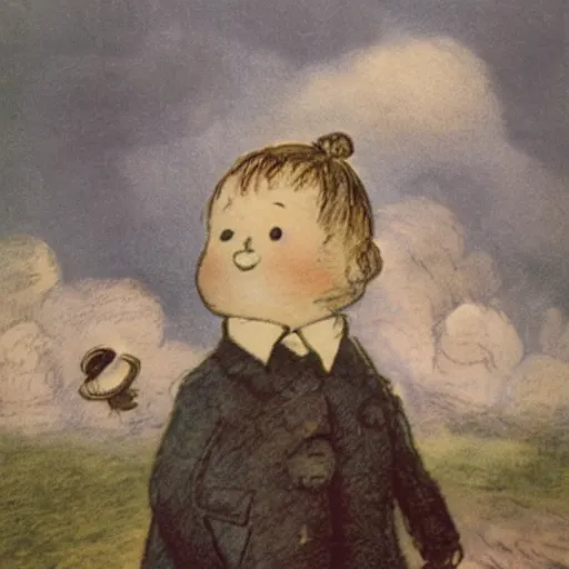 Image similar to candid portrait of white ball in the sky with face smiling eyes closed, surrounded by clouds, illustrated by peggy fortnum and beatrix potter and sir john tenniel