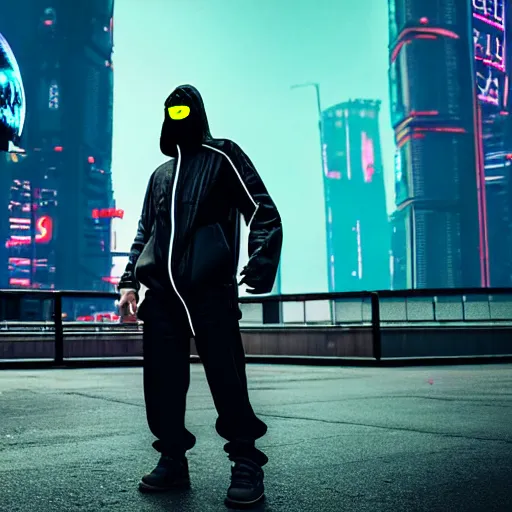 Image similar to gopnik with cyber hands on the background of cyberpunk city