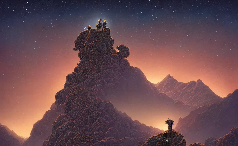 Prompt: mountains, stars and paisley filled sky, artstation, intricate, highly detailed, digital painting, concept art, sharp focus, illustration by Michael Whelan and Benjamin Lacombe