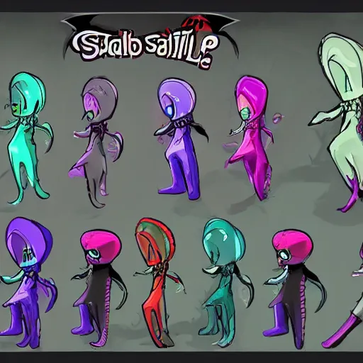 Prompt: official character sheets for a new laid back vampire squid character, artwork in the style of splatoon from nintendo, art by tim schafer from double fine studios, edgy original character color palette from the early two thousands, black light, neon, spray paint, punk, tall thin frame, adult character, fully clothed, colorful