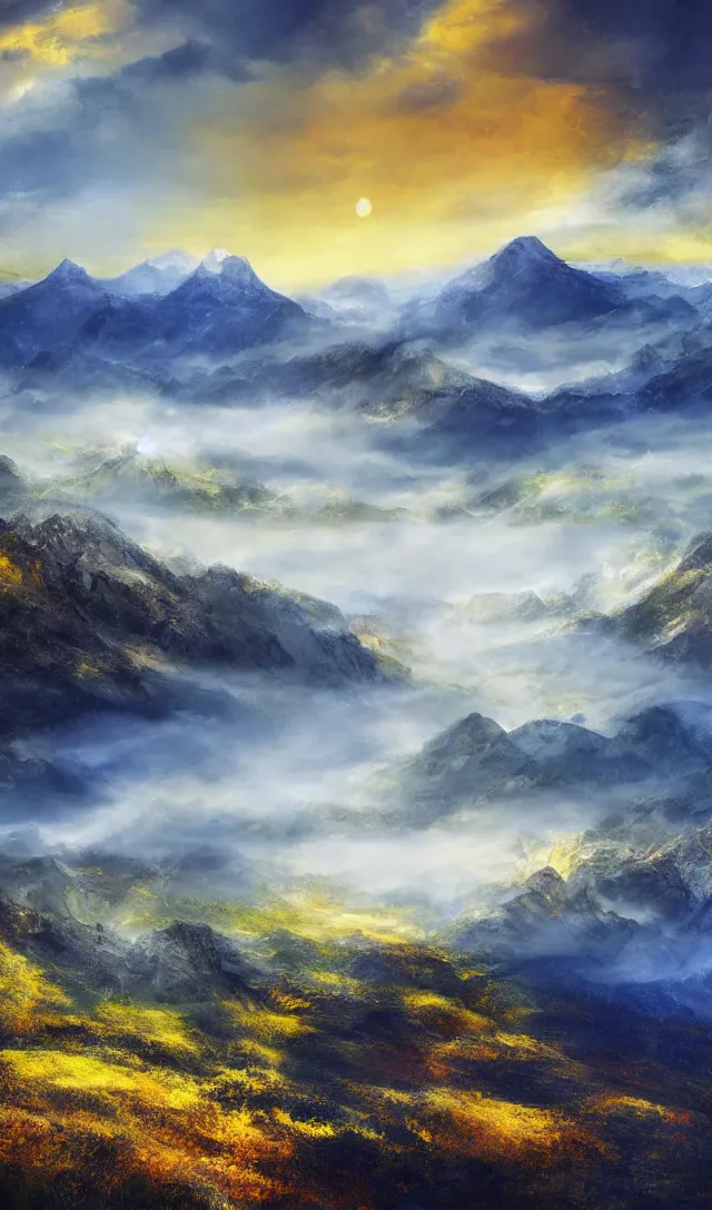 Image similar to magical landscape, mountains, misty, blue, yellow sky, digital art, high detail