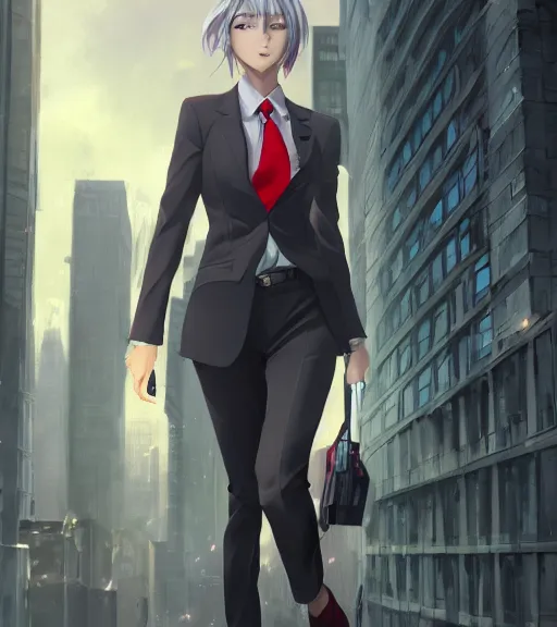 Image similar to a girl in a business suit, close up, sharp focus, red necktie, grey hair, serious expression, full body shot, pixiv, city background, digital painting, by tran ross and jordan grimmer and greg rutkowski, anime art, artstation, hd, smooth,