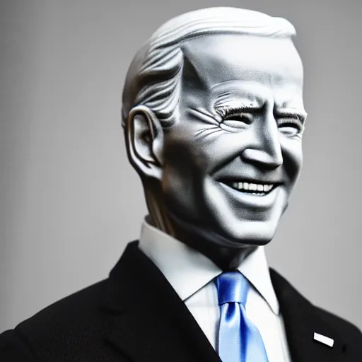 Prompt: close up photo of highly detailed marble statue of joe biden in a museum with a large crowd of gray aliens observing, smiling, far future, 8 k, 1 5 0 mp,